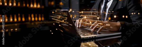 Obraz Document management system (DMS) technology, businessman use laptop with database folder online to store files document data digital file storage process with security