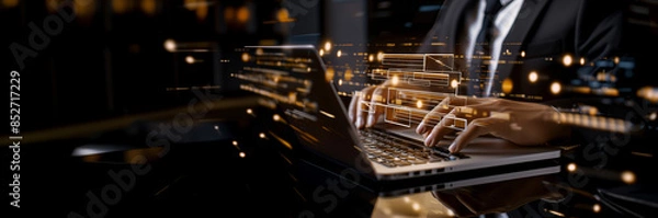 Obraz Document management system (DMS) technology, businessman use laptop with database folder online to store files document data digital file storage process with security