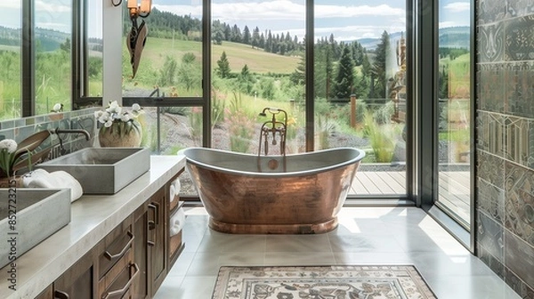 Obraz A chic bathroom with a freestanding copper bathtub, a double vanity with concrete sinks, custom tilework, and a large glass window offering a scenic view,