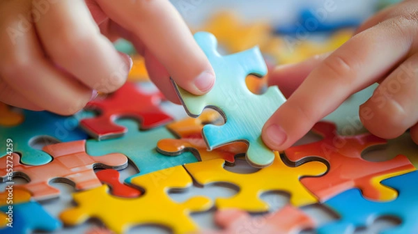 Fototapeta Close-up of small hands placing puzzle pieces together highlighting textures and colors.