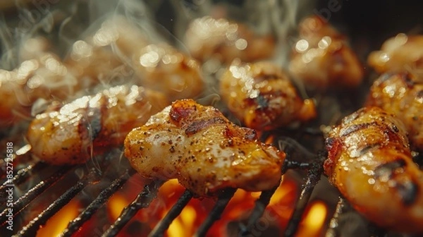 Fototapeta BBQ Grill: A close-up of a flavorful smoke as sausages and chicken wings cook, capturing the essence of a smoky BBQ session. 