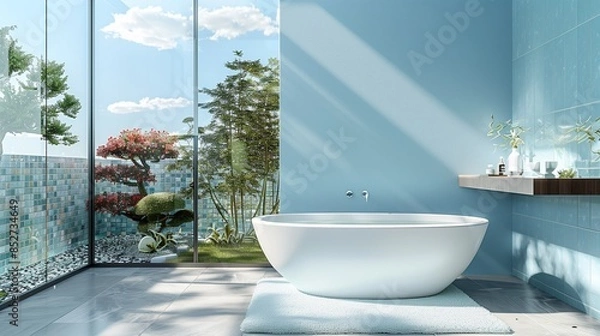 Obraz Serene light blue bathroom featuring mosaic tiles, a freestanding white bathtub, a zen garden, and floor-to-ceiling windows with sky views, 3D ing,