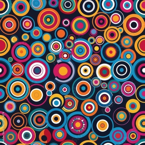 Fototapeta A digital artwork featuring a seamless pattern of overlapping concentric circles in various sizes and vibrant colors, including blue, red, orange, yellow, green, and purple. The circles are arranged i