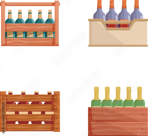 Fototapeta Vector illustration of four different wooden wine crates with bottles