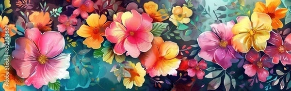 Fototapeta This digital painting depicts a close-up of a colorful bouquet of flowers. The blooms are rendered in a watercolor style, showcasing a vibrant palette of pinks, oranges, yellows, and reds. The flowers