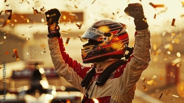 Fototapeta Formula One racing team driver celebrates victory with golden confetti on the racetrack background.