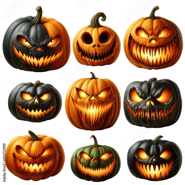 Fototapeta Collection of menacing jack-o'-lanterns with glowing eyes and evil grins, perfect for Halloween decorations and spooky themes. transparent background
