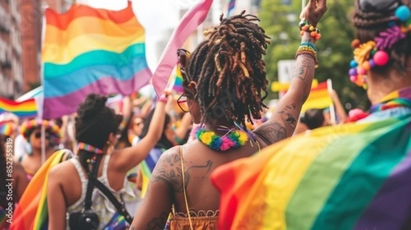 Fototapeta Crowd celebrating with rainbow flags at a public event