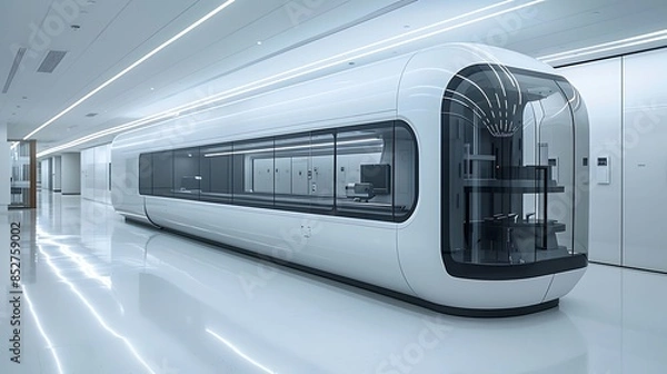 Fototapeta A modern, white, sleek bullet train on a track in a futuristic, high-tech depot.