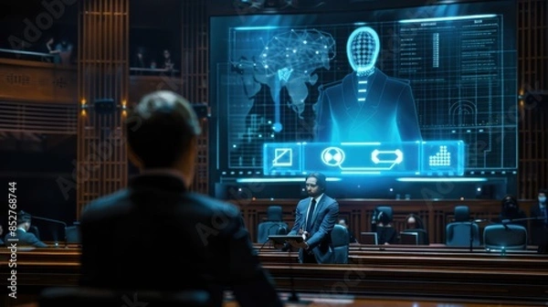 Fototapeta A man is sitting in front of a computer screen that shows a man's face. The man is wearing a suit and tie