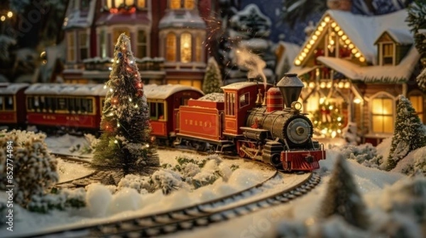 Fototapeta A model train decorated for Christmas travels through a miniature village covered in snow. The train is red and black with a steam engine and multiple passenger cars. The village is lit up with Christ