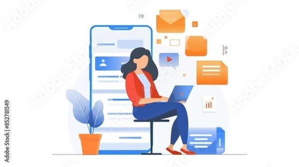 Fototapeta Business woman flies on a pencil and holds a laptop. Concept education, design for bloggers, journalists, interviewer, copywriters. Flat style vector illustration.