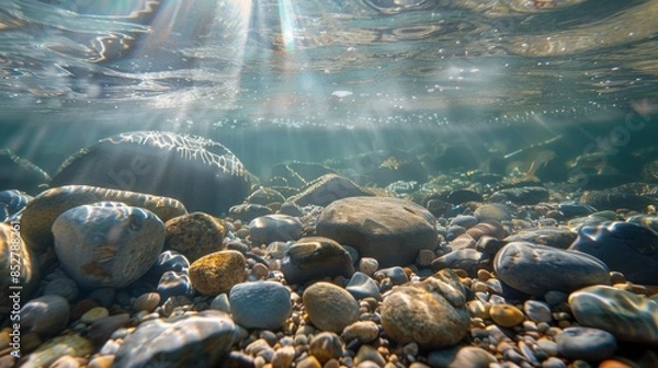 Fototapeta This image shows a close-up view of smooth, rounded river rocks under clear water with sunlight shining through. The rocks are different sizes, shapes, and colors and are scattered across the river be