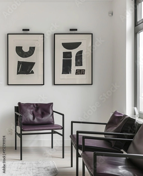 Fototapeta A small framed art print hung on the wall of an apartment in Stockholm. The style was minimalistic with clean lines and simple designs, featuring large white space. The print had a black frame.