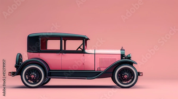 Obraz Vintage retro automobile figurine with black wheels parked on pink background in studio