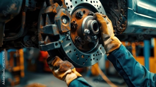 Fototapeta Auto mechanic installing front brake calipers and brake pads.