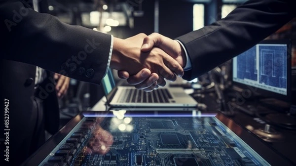 Obraz Futuristic business handshake with digital investment data for marketing and partnership deals