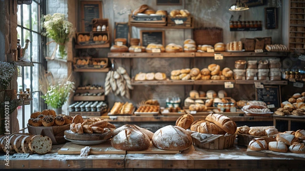 Fototapeta Freshly baked bread and pastries in a rustic bakery setting