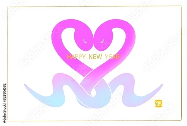 Obraz 2025年　ハートをつくるヘビのイラストのおしゃれな年賀状　巳年　ピンク