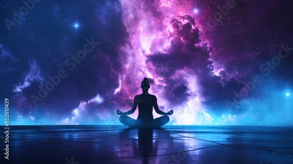 Obraz Silhouette of a person meditating in a lotus position against a vibrant cosmic background with stars and colorful nebulae.