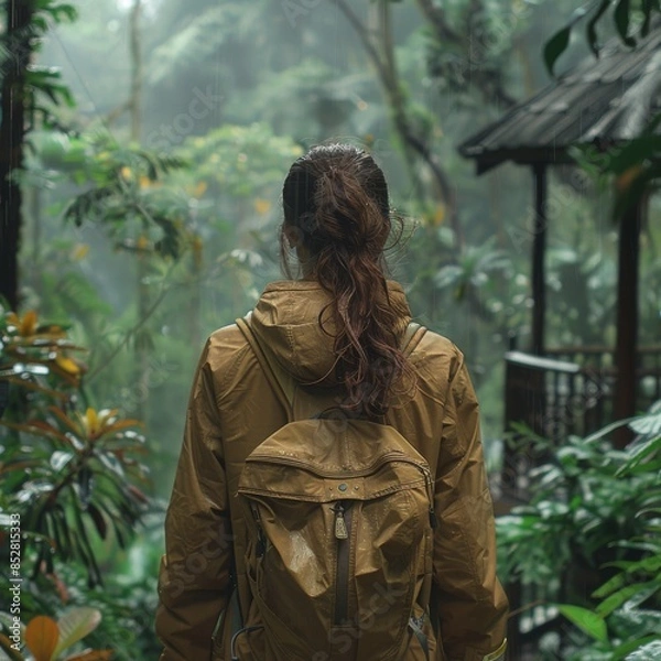 Fototapeta Young woman solo traveling with backpack hiking in jungle, trekking in rain. Active healthy lifestyle adventure journey vacations. Generative ai.