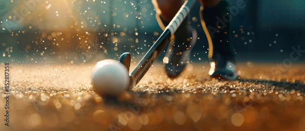 Fototapeta Field hockey player striking the ball, focus on stick and ball, with field backdrop