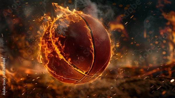 Fototapeta Flaming Basketball in Midair Surrounded by Sparks and Smoke