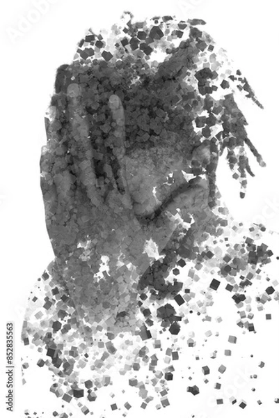 Fototapeta A balck and white male portrait in a 3D block pattern double exposure