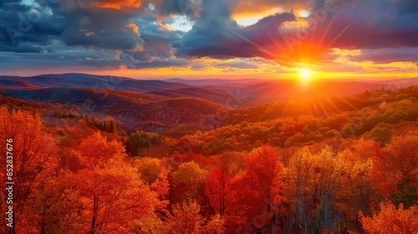 Fototapeta A breathtaking view of a vibrant autumn sunset over a forested landscape. Generative AI