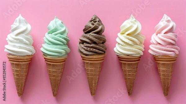 Fototapeta pastel colored background, ice cream cones with various soft ice cream toppings.