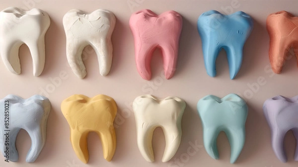 Fototapeta Colorful plaster casts of teeth on a neutral background 