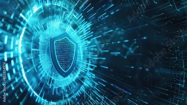 Fototapeta Futuristic digital shield with blue glowing lines representing cybersecurity protection and data encryption concepts.