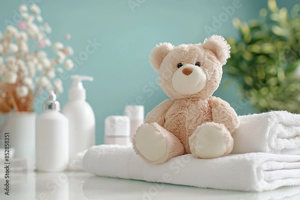 Fototapeta Accessories for baby with bear and lotion bottles generated.Ai