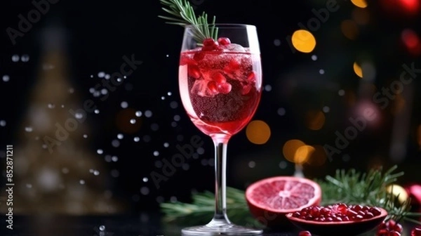 Fototapeta close-up of a glass filled with red juice, decorated with red berries and rosemary