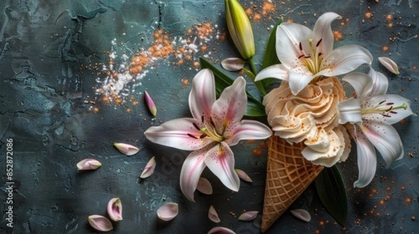 Fototapeta Top view of ice cream cone with lilies spring theme