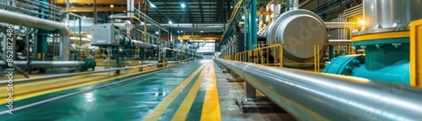 Obraz Industrial factory interior with a long metal pipe and a blue platform.