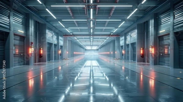 Obraz Expansive distribution center, clean design, front view, showing logistic capabilities, scifi tone, Splitcomplementary color scheme