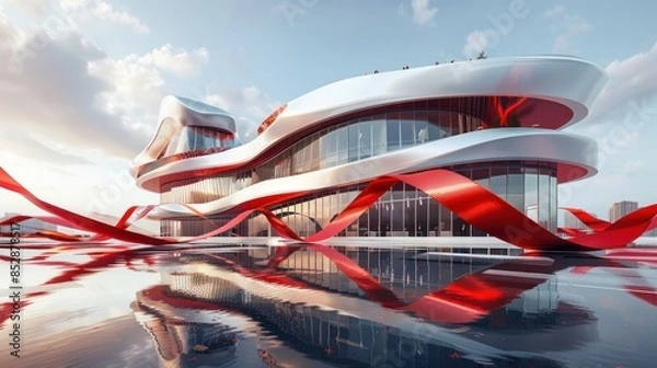 Fototapeta realistic and futuristic design of luxury building architecture with red ribbon