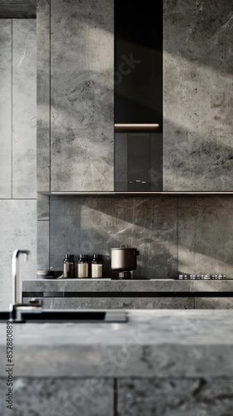Fototapeta a modern kitchen interior featuring gray cabinets, a marble countertop, and a black sink, with a wall shelf decorated with jars of spices and decor accessories.