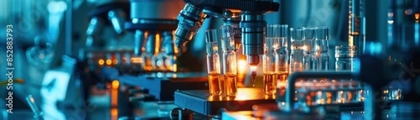 Fototapeta Experimental setup for battery testing with detailed instruments, advanced lab theme, closeup view, showcasing hightech equipment, cybernetic tone, splitcomplementary color scheme