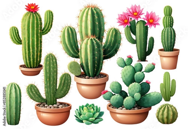 Fototapeta Set of layered necks. Cactus plant, watercolor. Color clip art. Separate transparent background.