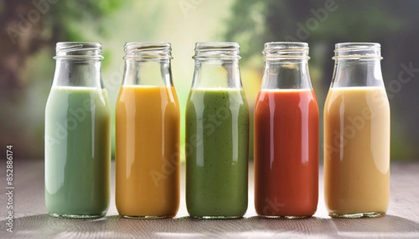 Obraz Glass bottles filled with green, yellow, orange and red smoothies. Delicious detox drink. Tasty juice.