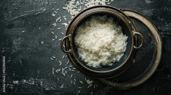 Fototapeta a brown clay pot filled to the brim with white long-grain steamed rice, presented in a bowl on a black or white background, captured from an overhead perspective.