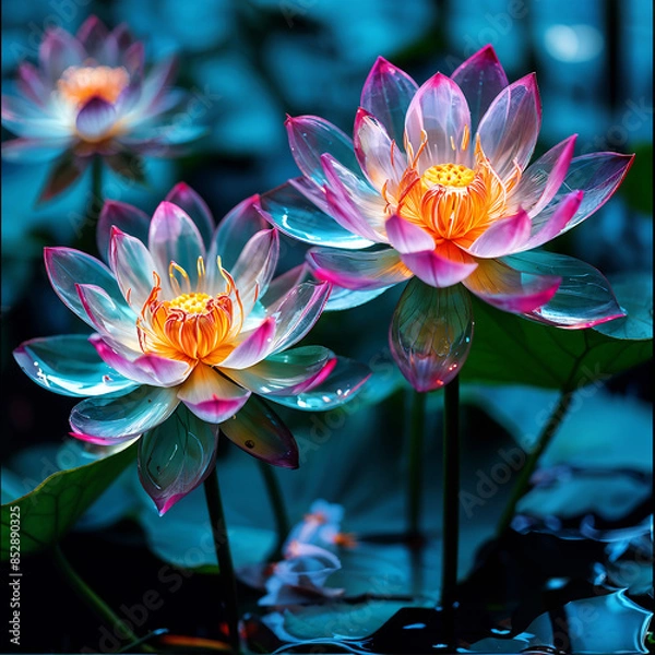 Fototapeta AI-generated lotus flowers in the pond with Electrophotographic and Kirlian effect