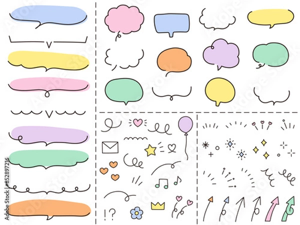 Fototapeta 手描き風のベクターイラストセット　吹き出し　フレーム　落書き　装飾　飾り　矢印