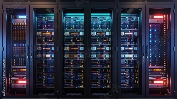 Obraz Server racks with integrated power management systems, nextgen data center theme, front view, demonstrating innovative energy distribution, futuristic tone, triadic color scheme