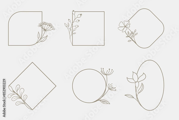 Obraz Set of six minimalist frames in different shapes with plant elements.