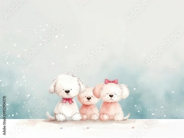 Obraz Cute illustration of three puppies sitting together. One with a bow and others with smiles, set against a soft pastel background.