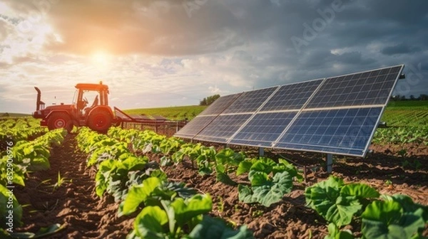 Obraz Agricultural equipment with solar charger in a field, renewable energy farming theme, side view, showcasing sustainable agriculture, futuristic tone, vivid