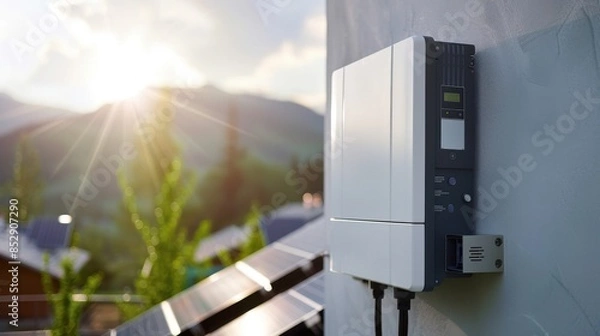 Obraz Solar inverter connected to a rooftop solar panel system, renewable energy theme, side view, illustrating efficient energy conversion, advanced tone, complementary color scheme